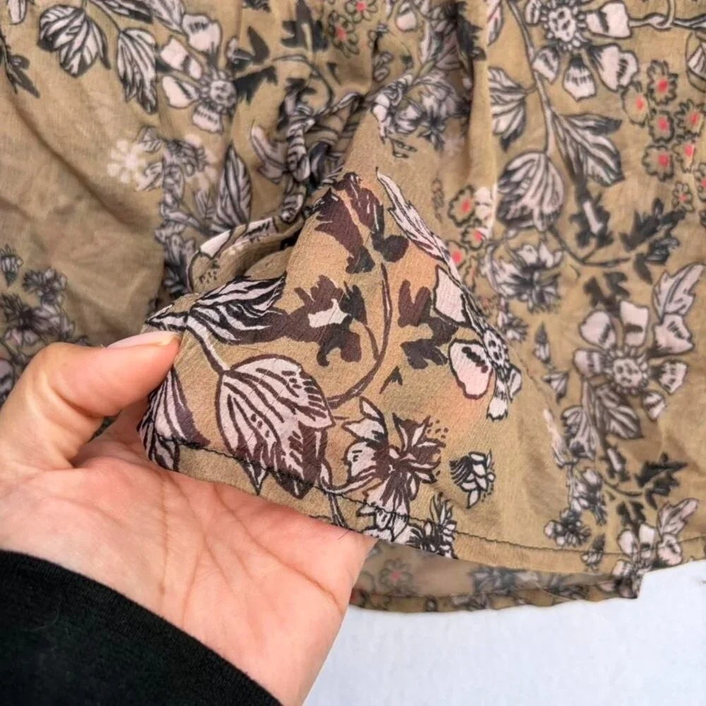 Free People Hendrix Brown Sheer Floral Tassel Puff Sleeve Peasant Blouse Sz S